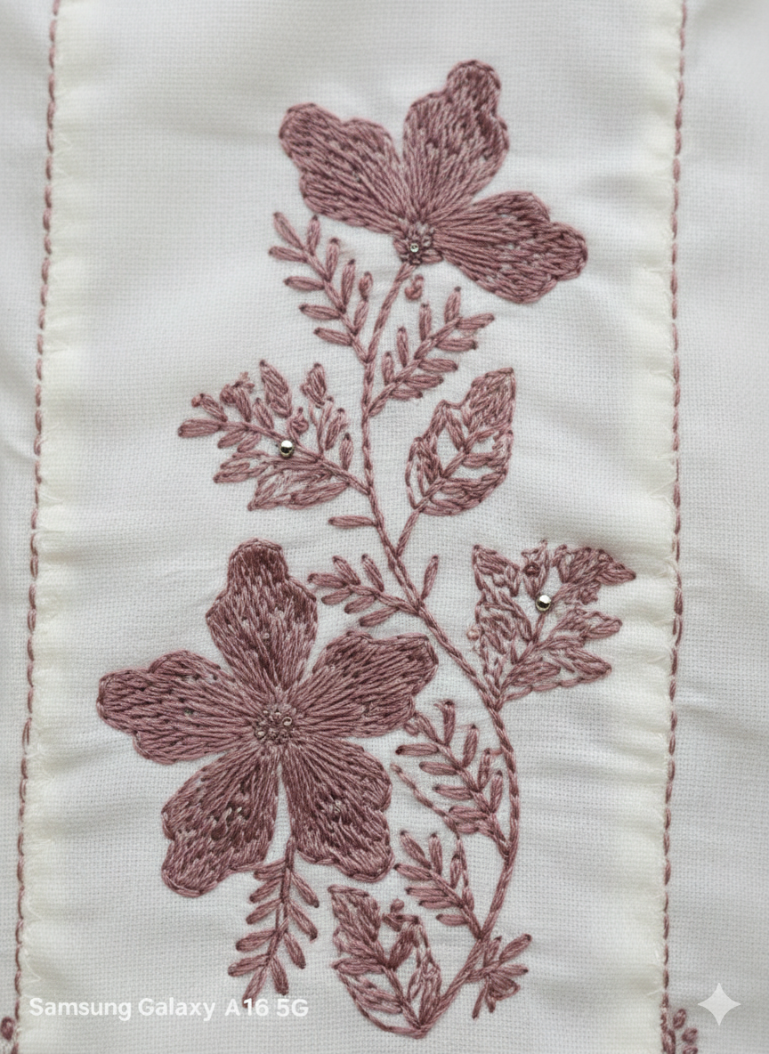 Elegant Cream & Mauve Embroidered Stitched 3-Piece Suit with Organza Dupatta