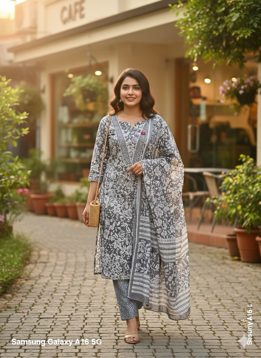 Elegant Grey & White Floral Printed Stitched Lawn Dress for Women