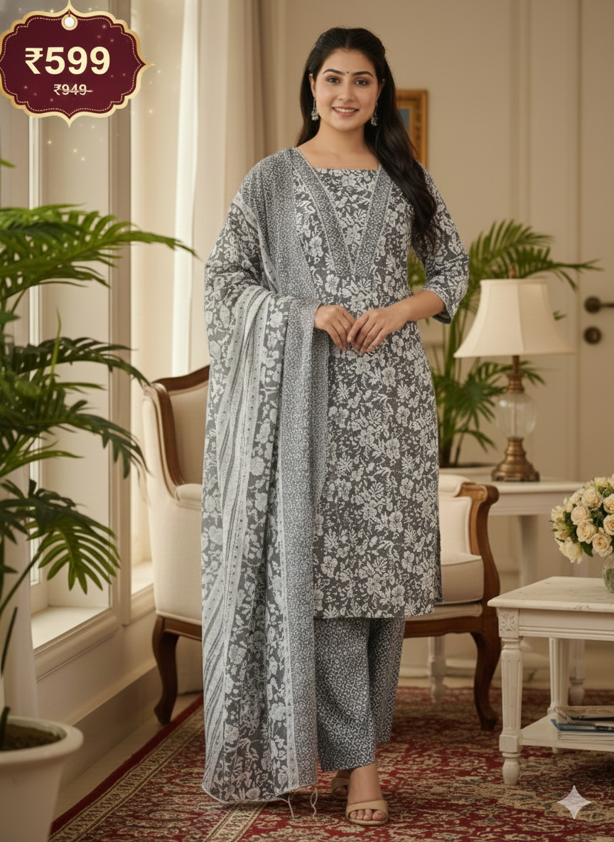 Elegant Grey & White Floral Printed Stitched Lawn Dress for Women
