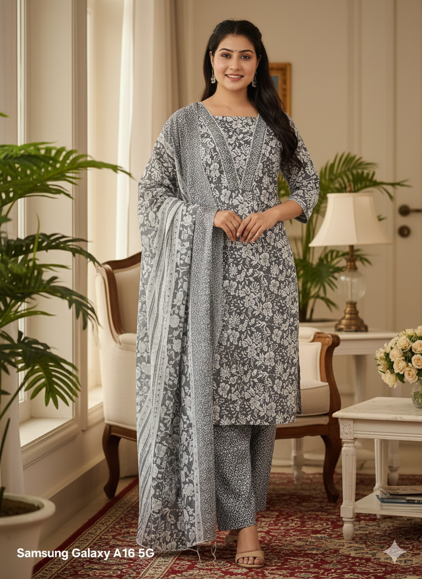 Elegant Grey & White Floral Printed Stitched Lawn Dress for Women