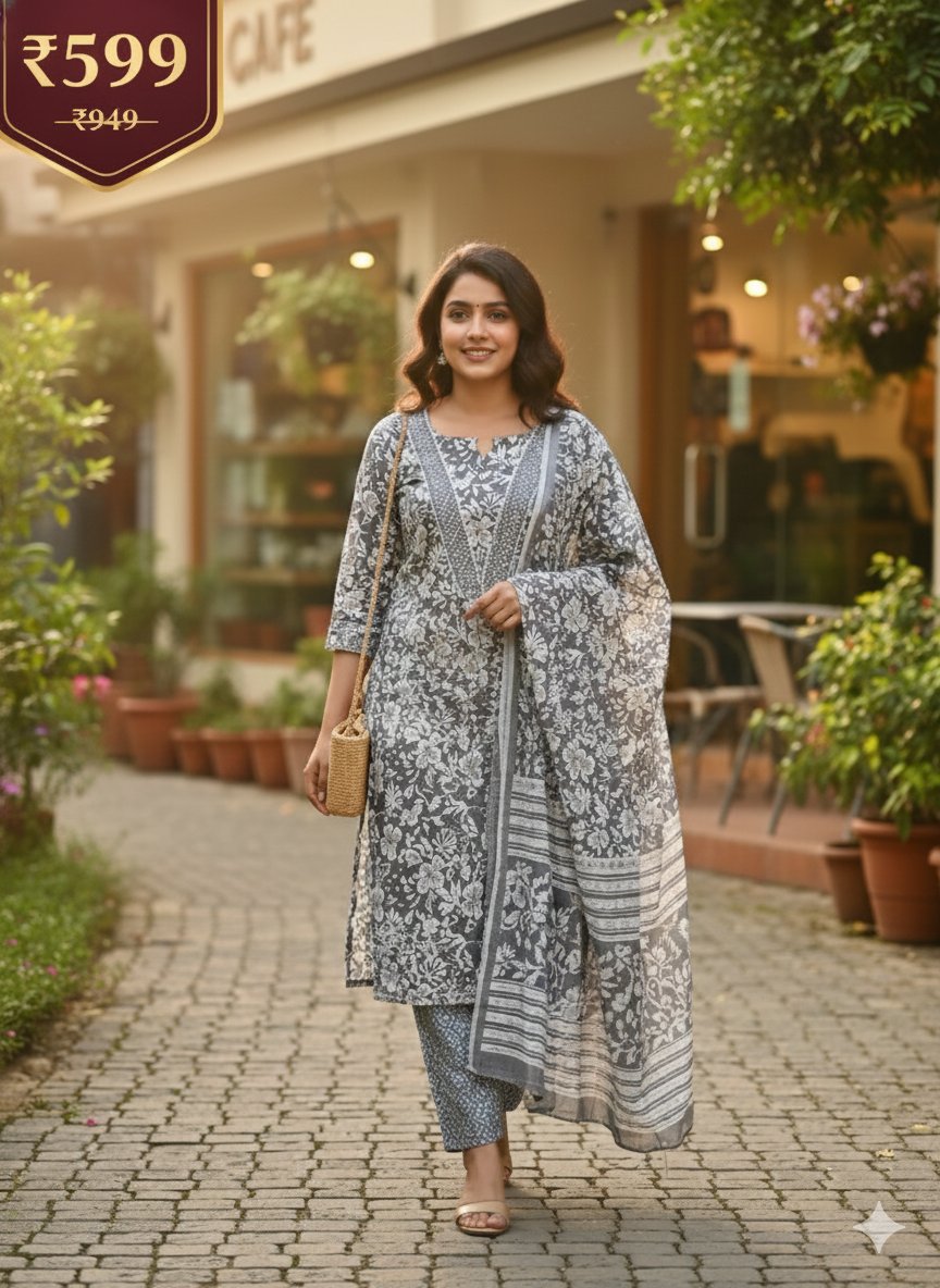 Elegant Grey & White Floral Printed Stitched Lawn Dress for Women