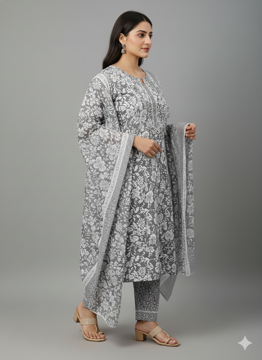 Elegant Grey & White Floral Printed Stitched Lawn Dress for Women