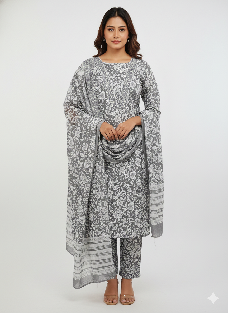 Elegant Grey & White Floral Printed Stitched Lawn Dress for Women