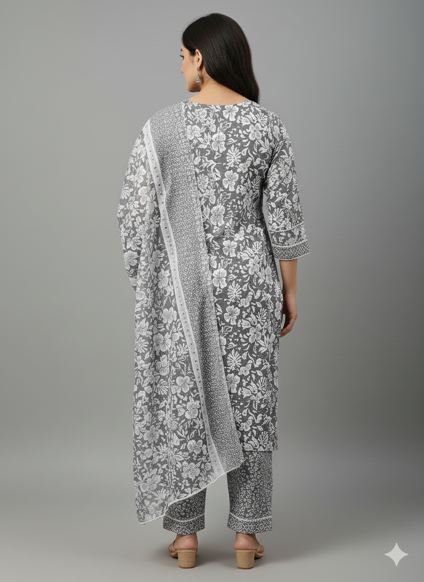 Elegant Grey & White Floral Printed Stitched Lawn Dress for Women