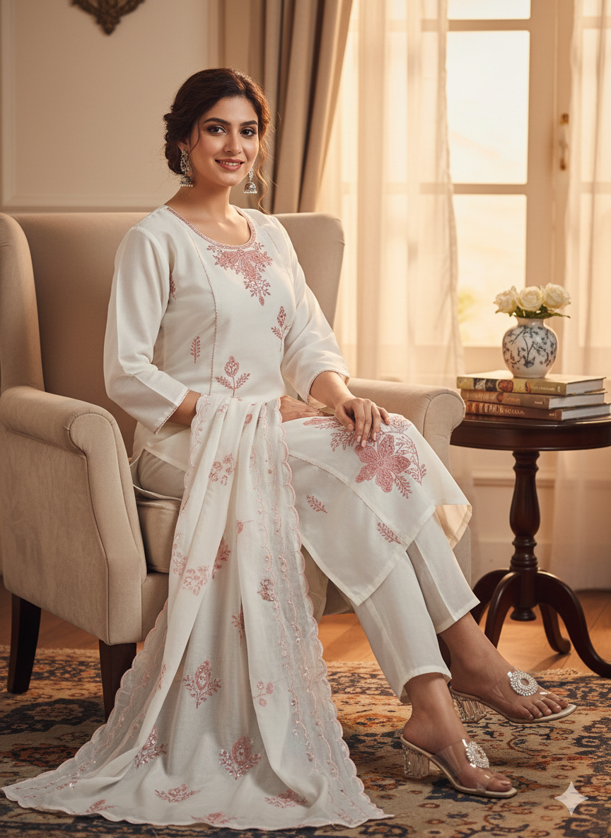 Elegant Off-White Stitched Lawn Suit with Soft Rose Pink Embroidered Floral Detailing