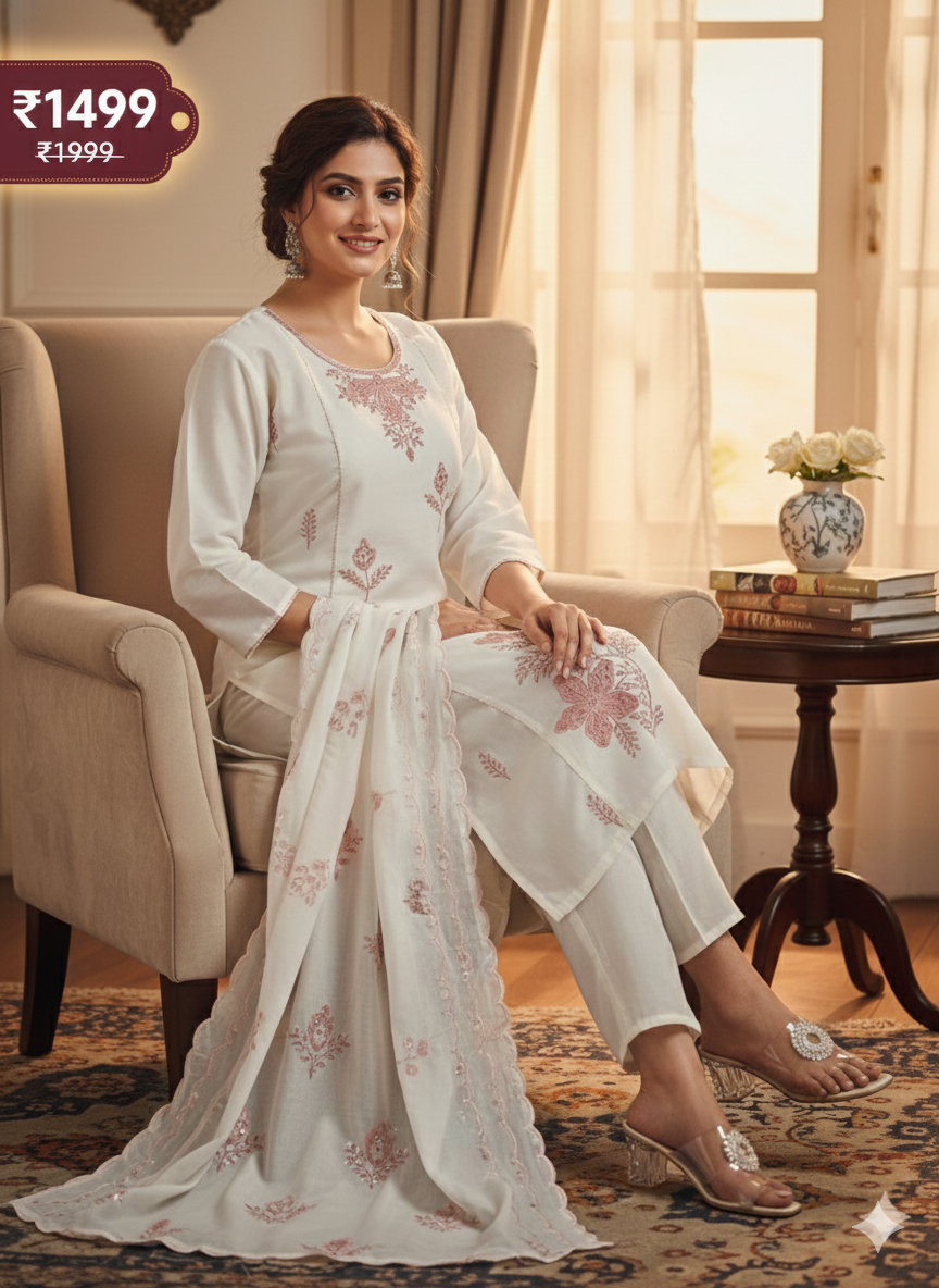 Elegant Off-White Stitched Lawn Suit with Soft Rose Pink Embroidered Floral Detailing