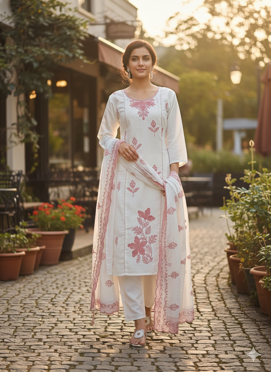 Elegant Off-White Stitched Lawn Suit with Soft Rose Pink Embroidered Floral Detailing
