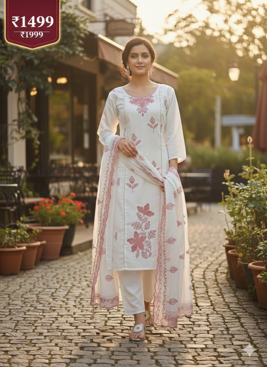 Elegant Off-White Stitched Lawn Suit with Soft Rose Pink Embroidered Floral Detailing
