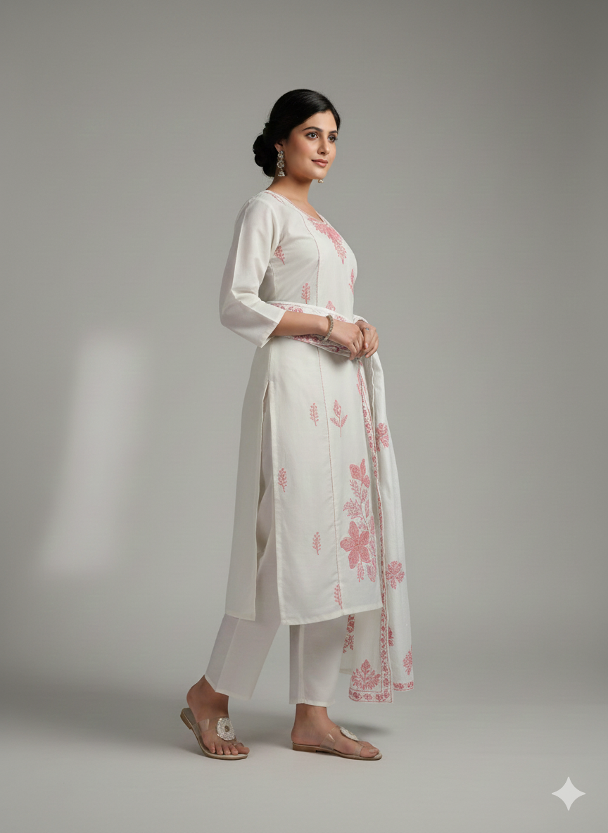 Elegant Off-White Stitched Lawn Suit with Soft Rose Pink Embroidered Floral Detailing