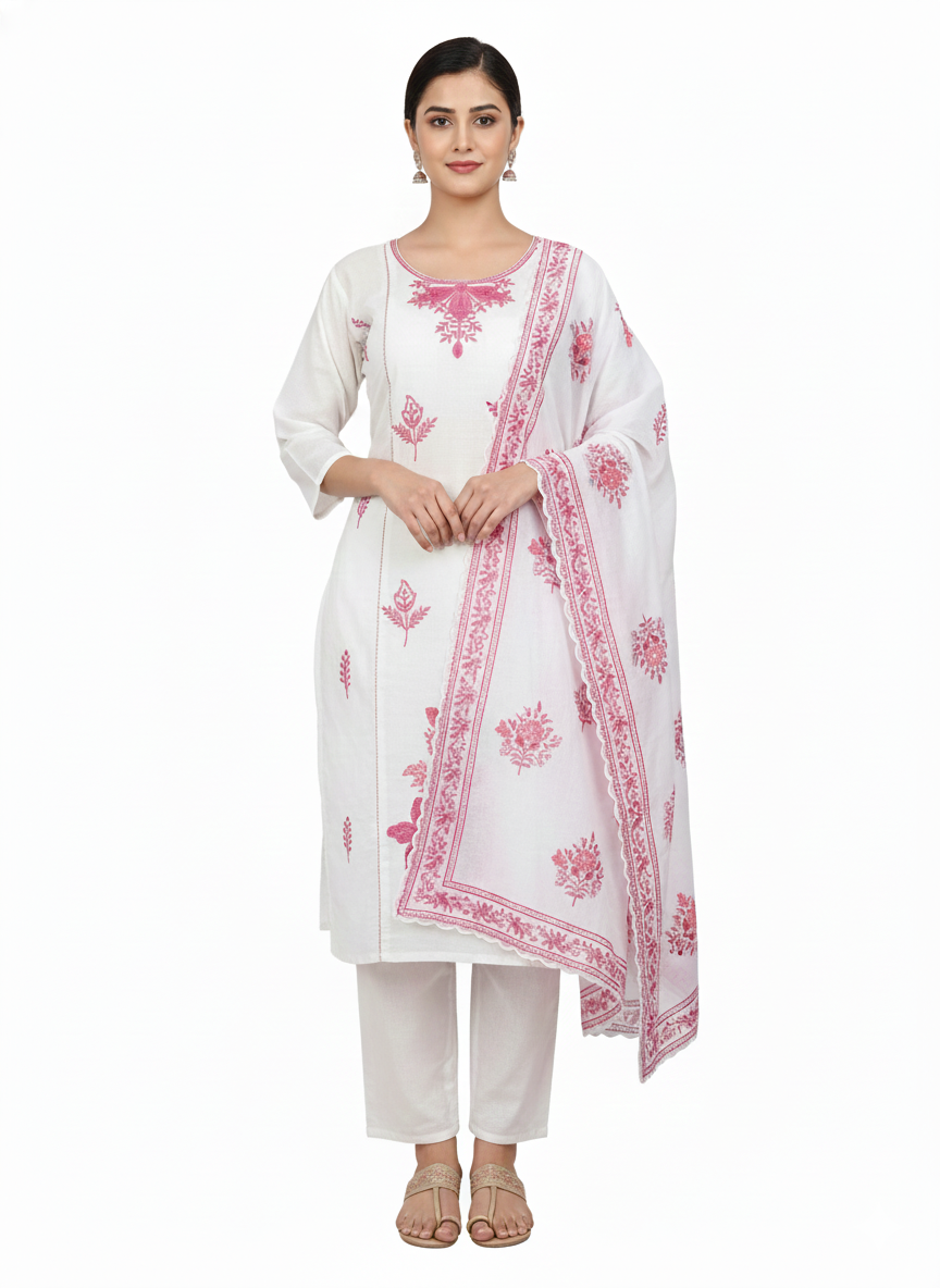 Elegant Off-White Stitched Lawn Suit with Soft Rose Pink Embroidered Floral Detailing