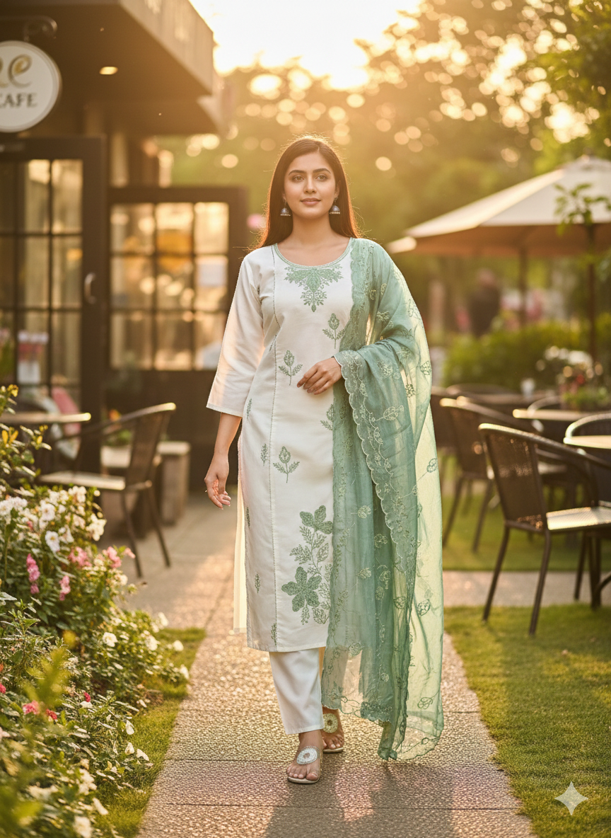 Elegant Off-White & Sage Green Embroidered Stitched Suit Set with Organza Dupatta