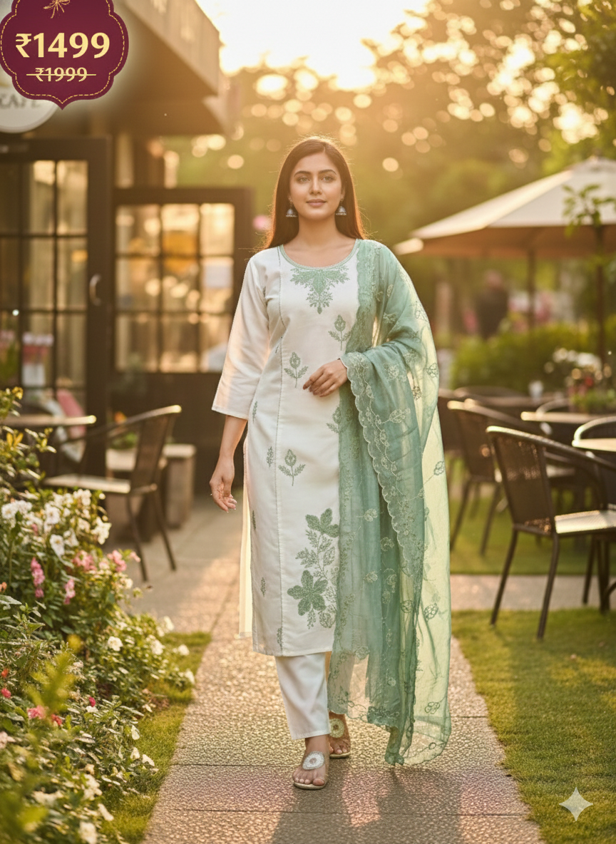 Elegant Off-White & Sage Green Embroidered Stitched Suit Set with Organza Dupatta