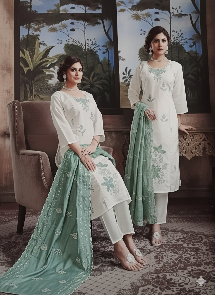 Elegant Off-White & Sage Green Embroidered Stitched Suit Set with Organza Dupatta