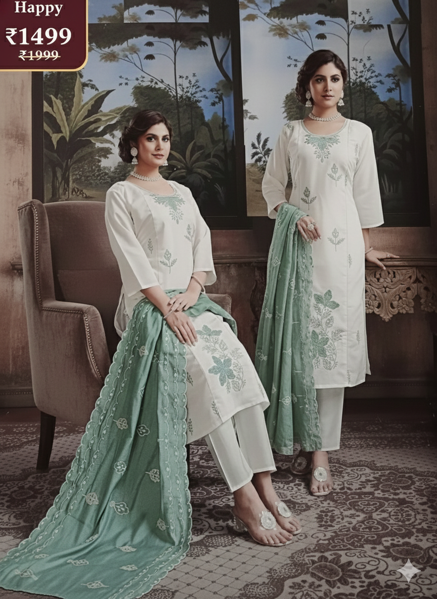 Elegant Off-White & Sage Green Embroidered Stitched Suit Set with Organza Dupatta