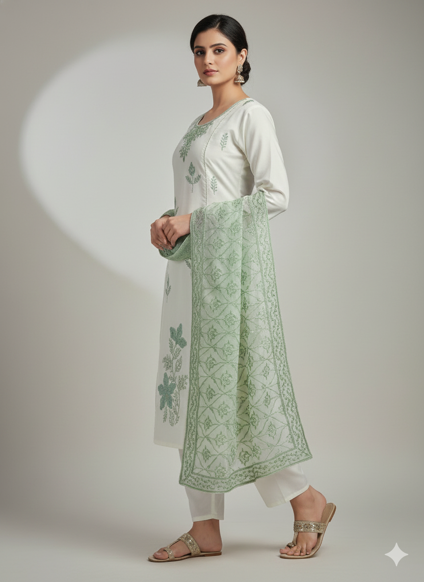 Elegant Off-White & Sage Green Embroidered Stitched Suit Set with Organza Dupatta