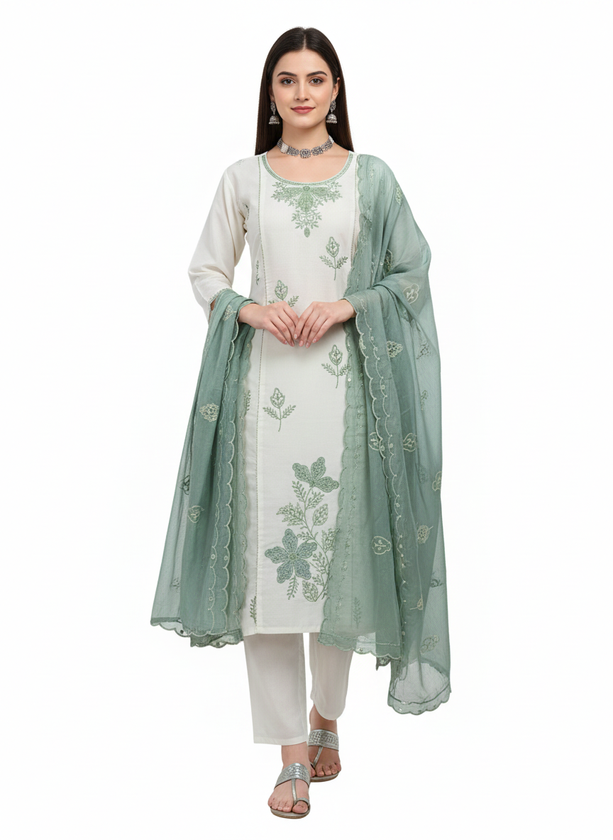 Elegant Off-White & Sage Green Embroidered Stitched Suit Set with Organza Dupatta