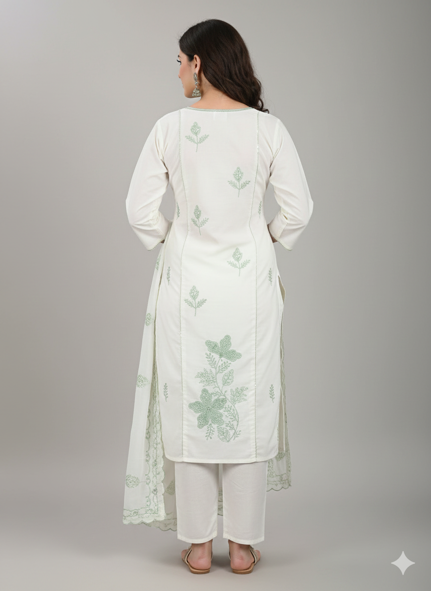 Elegant Off-White & Sage Green Embroidered Stitched Suit Set with Organza Dupatta