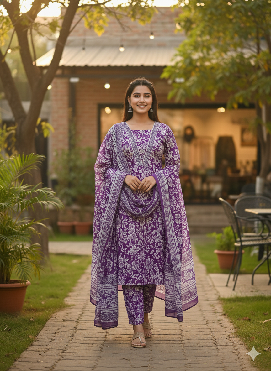 Elegant Purple Floral Printed Stitched 3-Piece Suit with Matching Dupatta