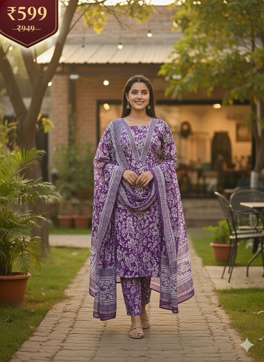 Elegant Purple Floral Printed Stitched 3-Piece Suit with Matching Dupatta