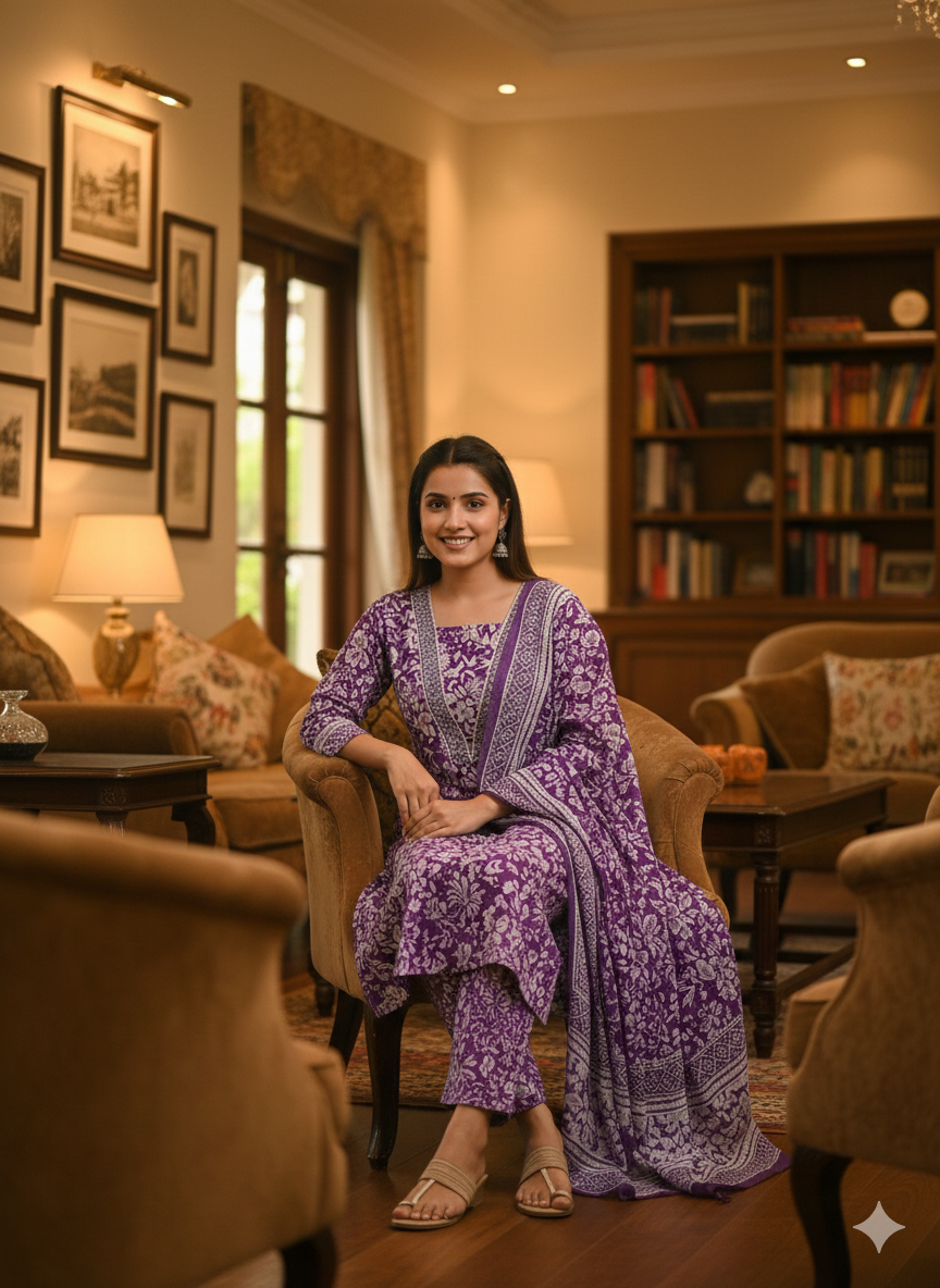 Elegant Purple Floral Printed Stitched 3-Piece Suit with Matching Dupatta