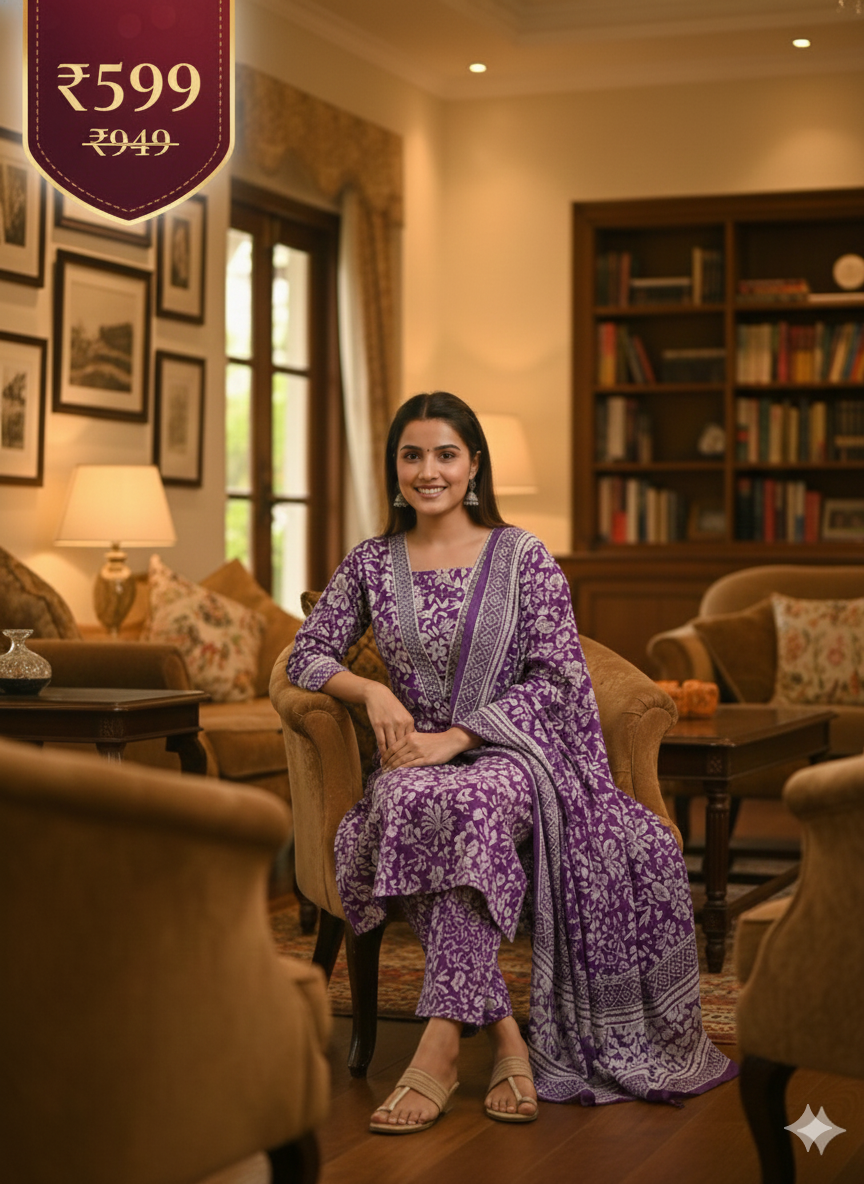 Elegant Purple Floral Printed Stitched 3-Piece Suit with Matching Dupatta