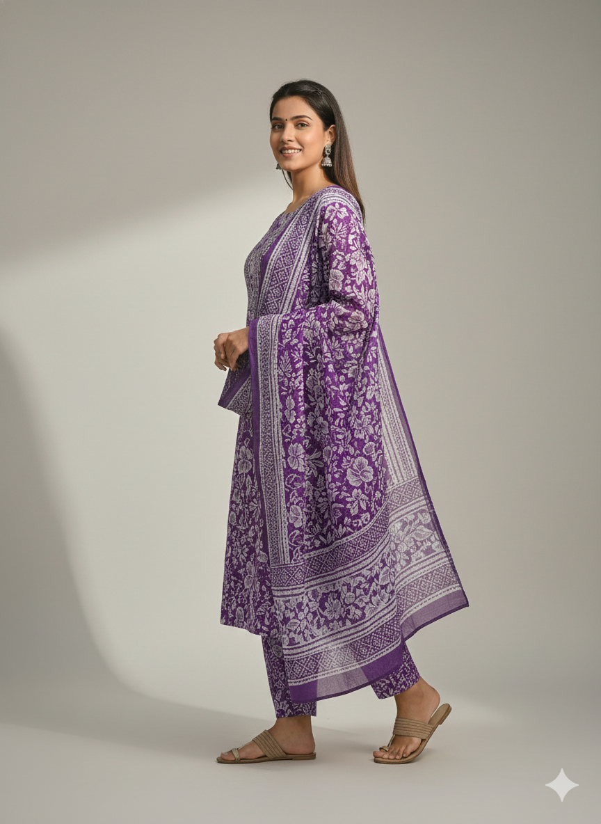 Elegant Purple Floral Printed Stitched 3-Piece Suit with Matching Dupatta