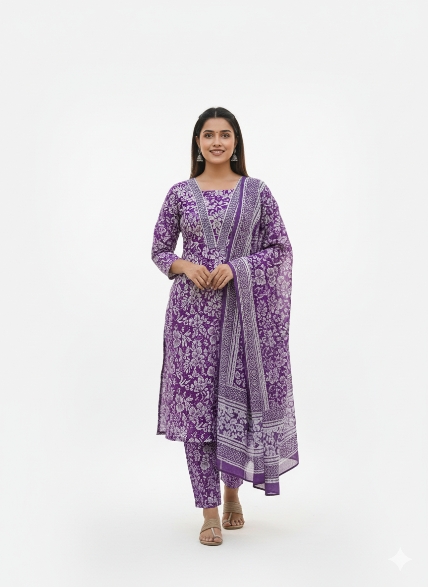 Elegant Purple Floral Printed Stitched 3-Piece Suit with Matching Dupatta
