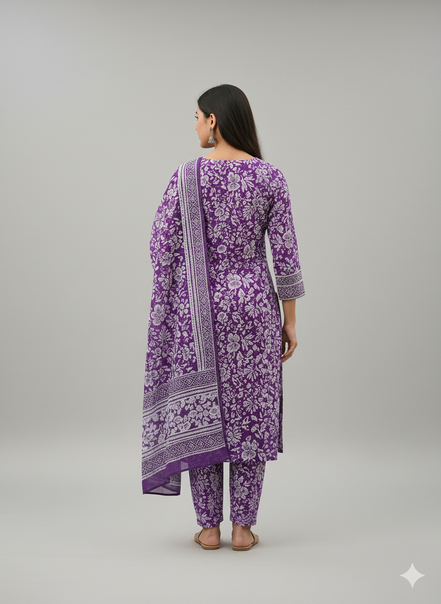 Elegant Purple Floral Printed Stitched 3-Piece Suit with Matching Dupatta