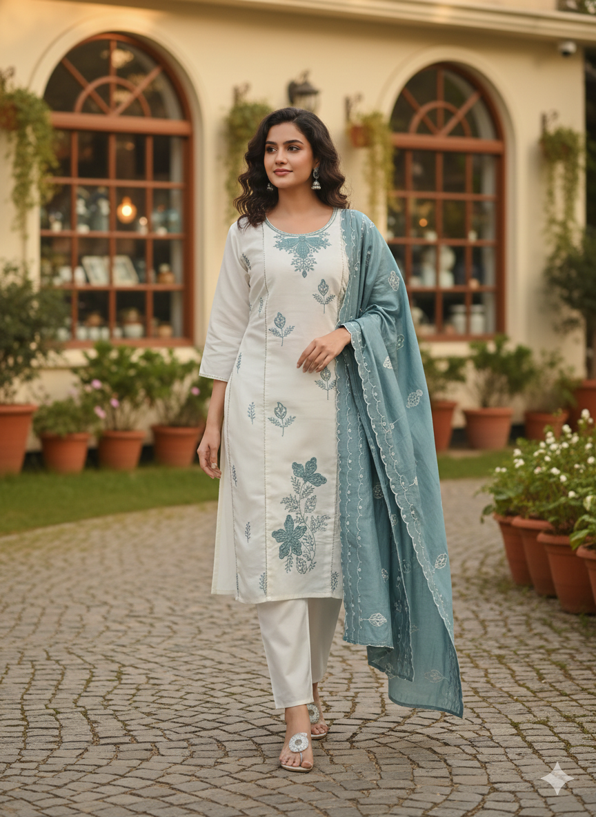 Elegant White & Seafoam Green Embroidered Stitched 3-Piece Suit Set for Women