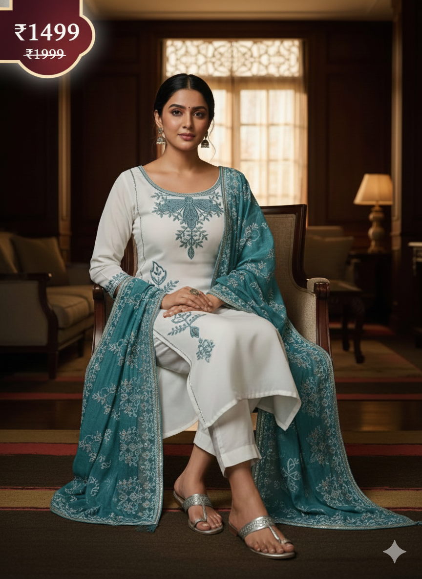 Elegant White & Seafoam Green Embroidered Stitched 3-Piece Suit Set for Women