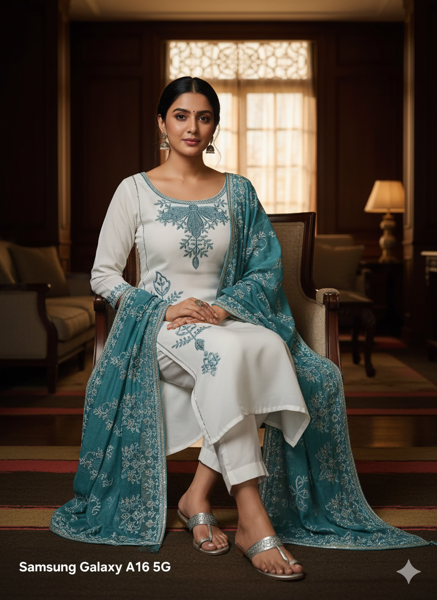 Elegant White & Seafoam Green Embroidered Stitched 3-Piece Suit Set for Women