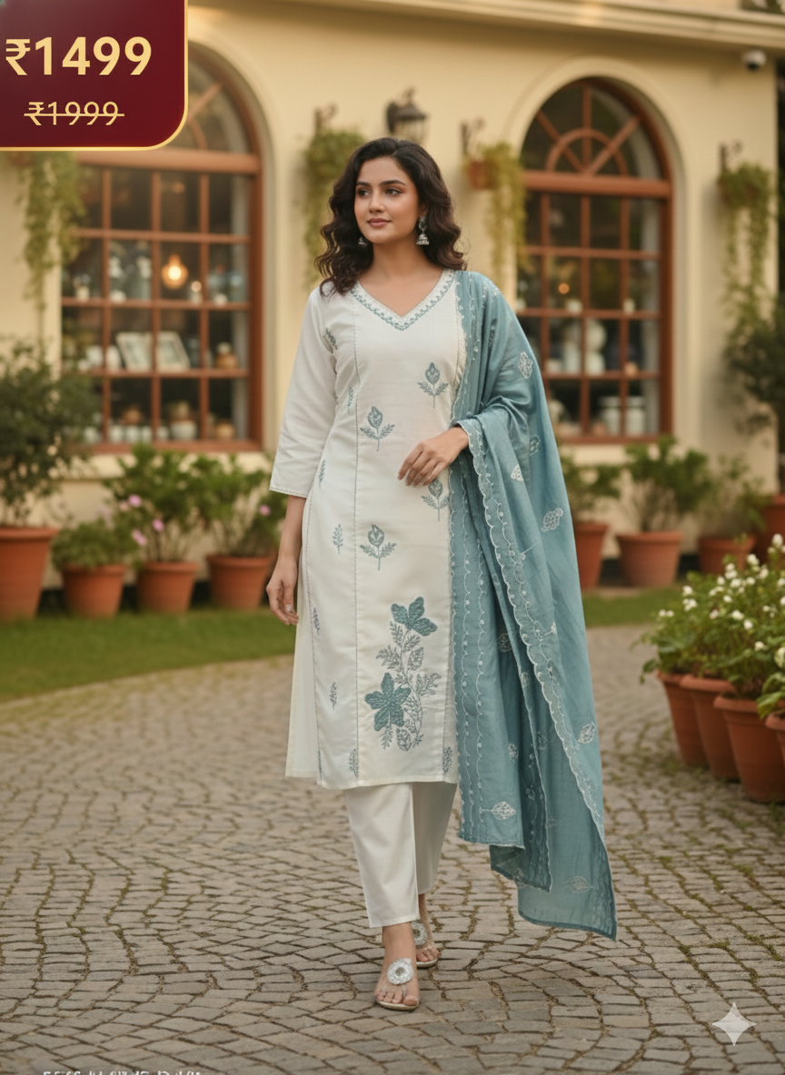 Elegant White & Seafoam Green Embroidered Stitched 3-Piece Suit Set for Women