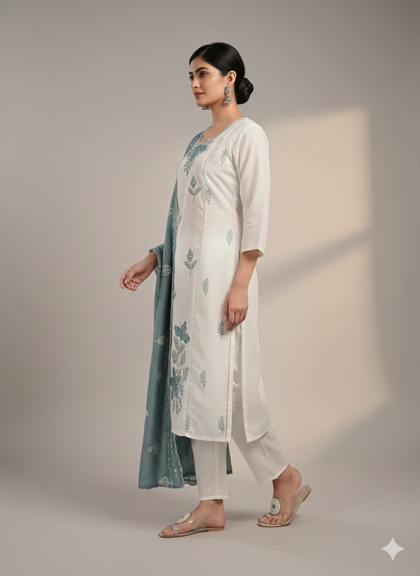 Elegant White & Seafoam Green Embroidered Stitched 3-Piece Suit Set for Women