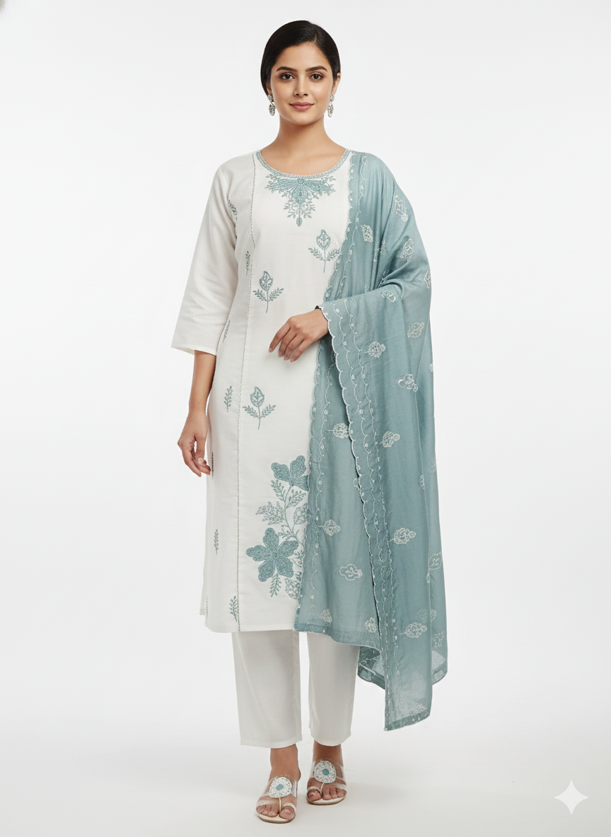 Elegant White & Seafoam Green Embroidered Stitched 3-Piece Suit Set for Women