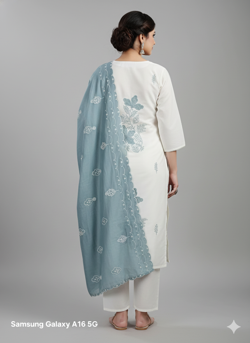 Elegant White & Seafoam Green Embroidered Stitched 3-Piece Suit Set for Women