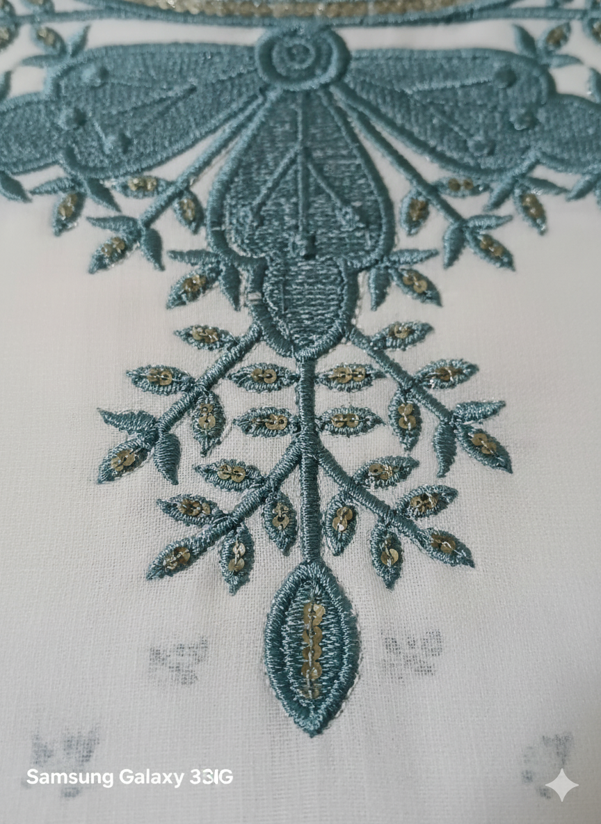 Elegant White & Seafoam Green Embroidered Stitched 3-Piece Suit Set for Women