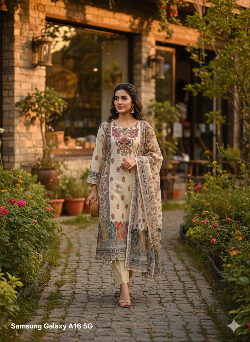 Embroidered Lawn 3-Piece Suit for Women – Premium Printed Dupatta & Trousers | Elegant Summer Festive Wear
