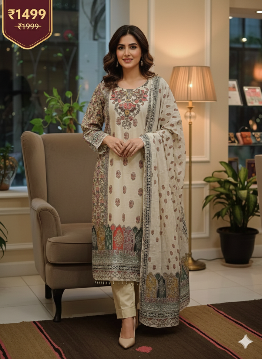 Embroidered Lawn 3-Piece Suit for Women – Premium Printed Dupatta & Trousers | Elegant Summer Festive Wear