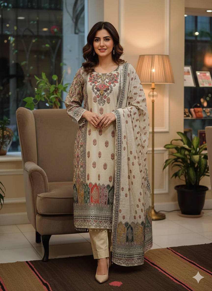 Embroidered Lawn 3-Piece Suit for Women – Premium Printed Dupatta & Trousers | Elegant Summer Festive Wear