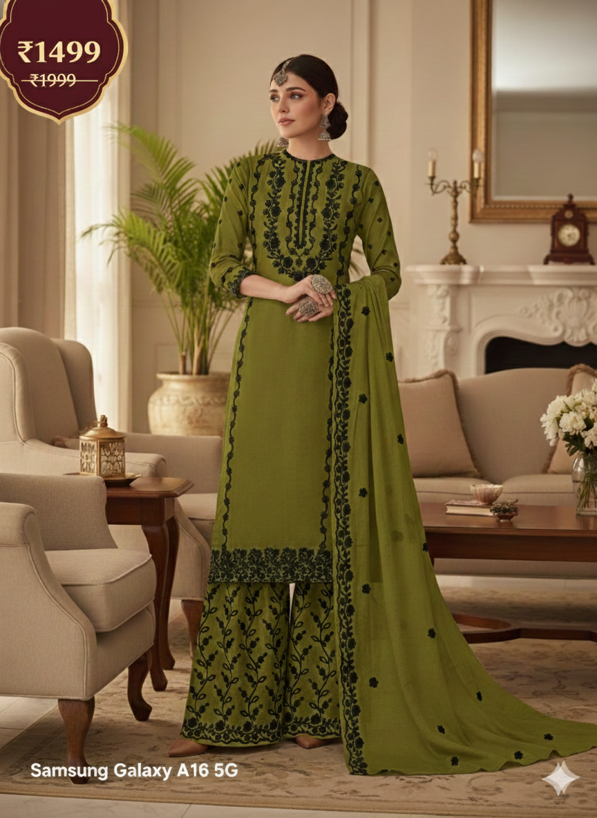Olive Green Embroidered Palazzo Suit Set | 3 Piece Salwar Kameez | Office to Party Wear | Wedding Festive Dress