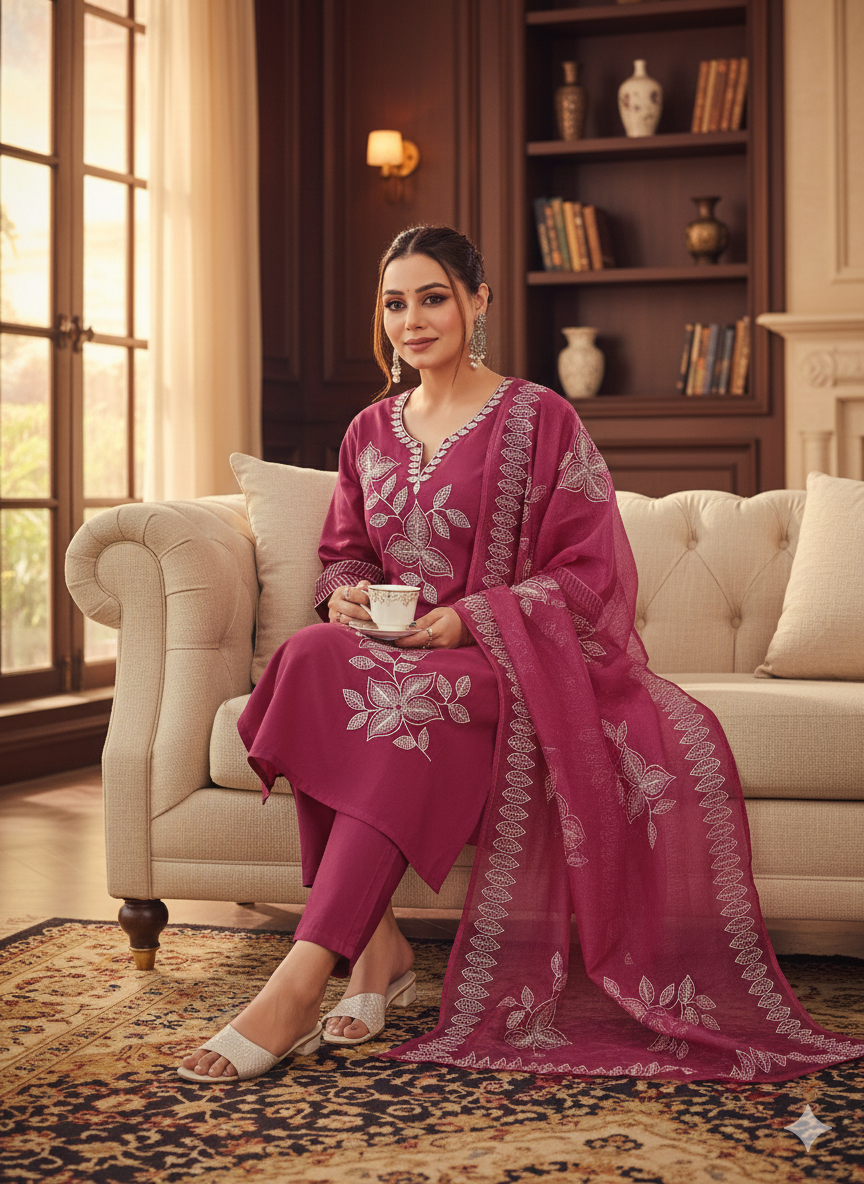 Magenta Pink Embroidered 3-Piece Suit for Women – Elegant Stitched Shirt, Trouser & Dupatta Set