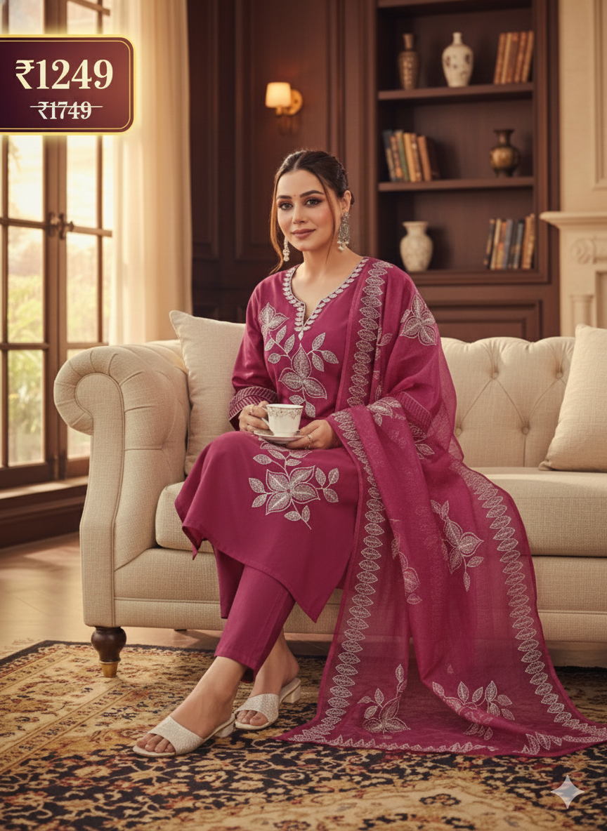 Magenta Pink Embroidered 3-Piece Suit for Women – Elegant Stitched Shirt, Trouser & Dupatta Set