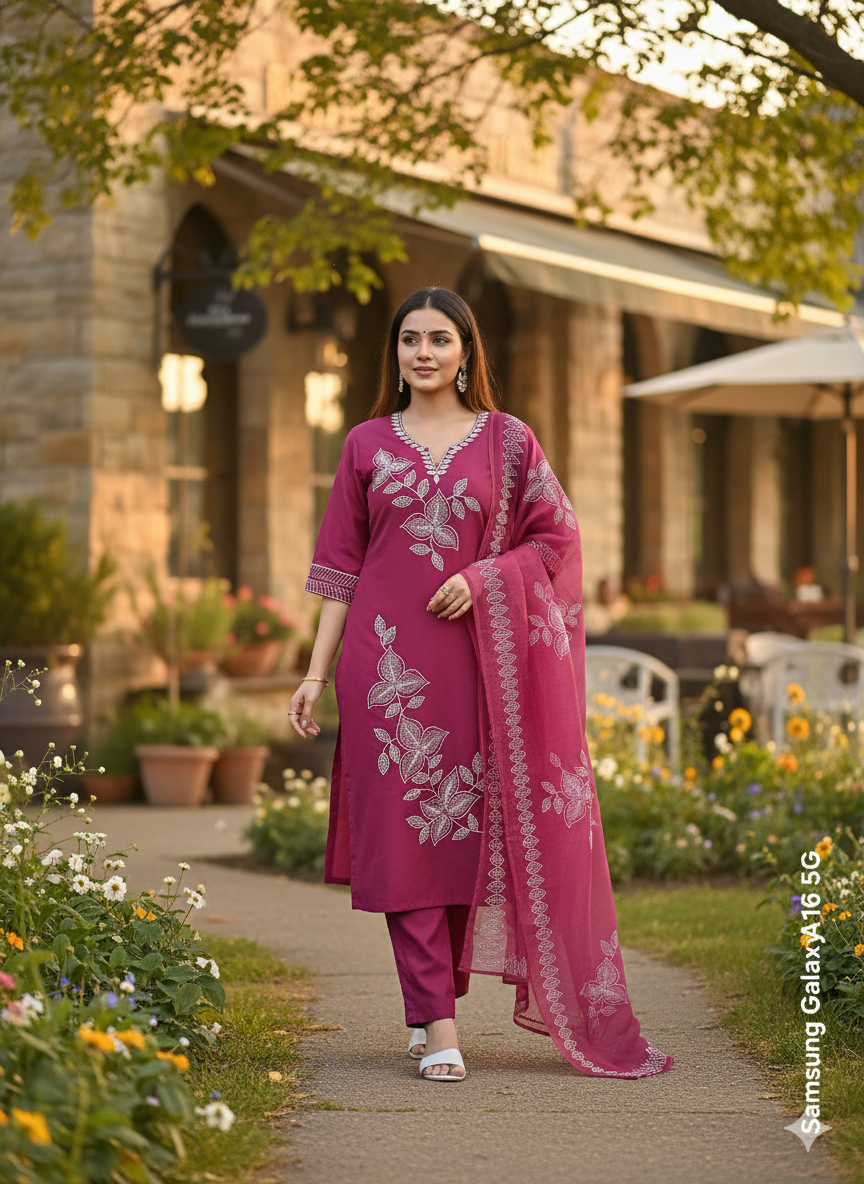 Magenta Pink Embroidered 3-Piece Suit for Women – Elegant Stitched Shirt, Trouser & Dupatta Set