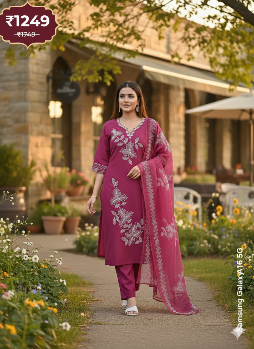 Magenta Pink Embroidered 3-Piece Suit for Women – Elegant Stitched Shirt, Trouser & Dupatta Set