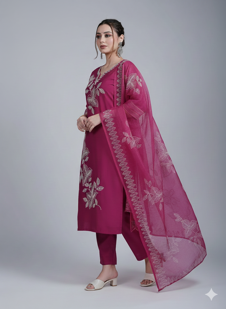 Magenta Pink Embroidered 3-Piece Suit for Women – Elegant Stitched Shirt, Trouser & Dupatta Set
