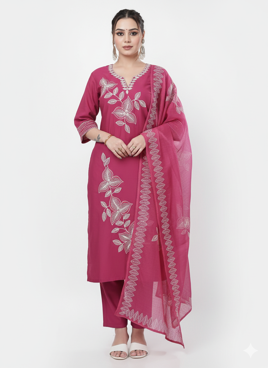 Magenta Pink Embroidered 3-Piece Suit for Women – Elegant Stitched Shirt, Trouser & Dupatta Set