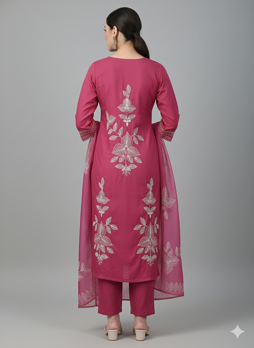 Magenta Pink Embroidered 3-Piece Suit for Women – Elegant Stitched Shirt, Trouser & Dupatta Set