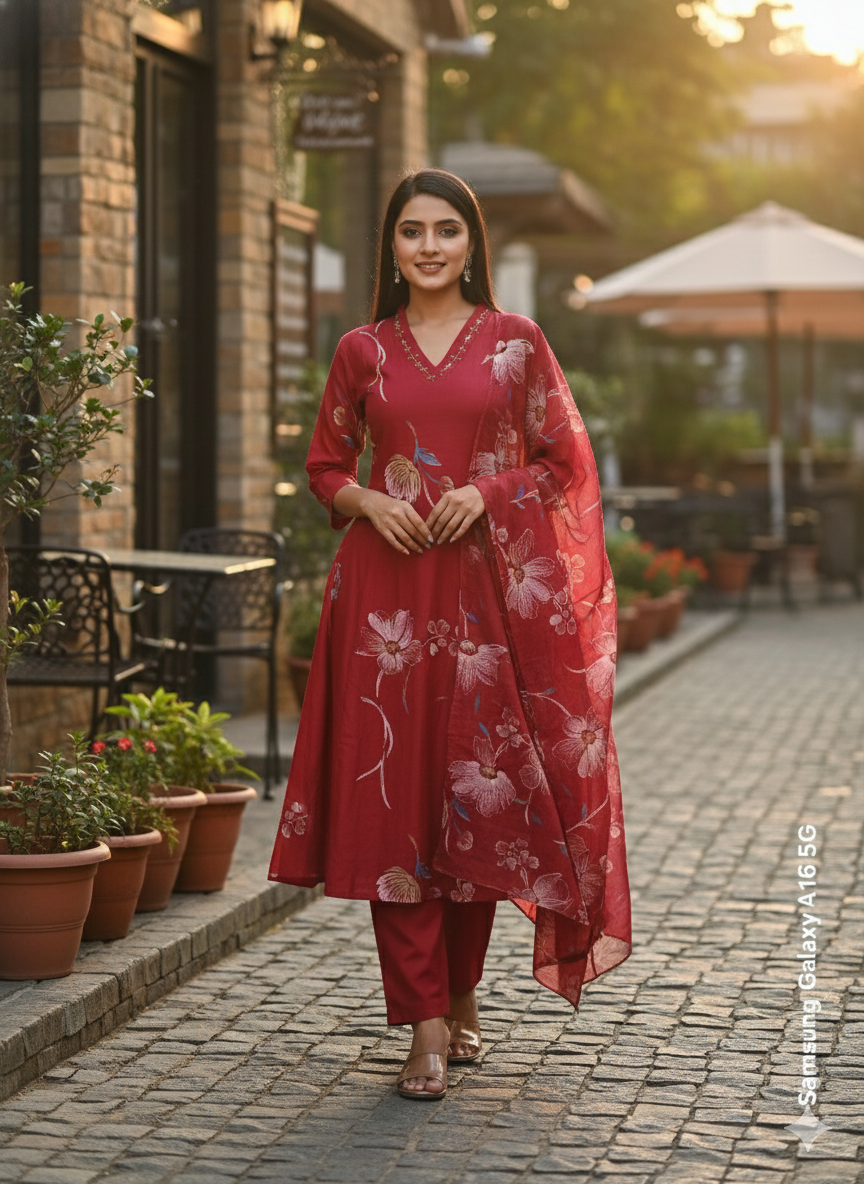 Maroon Floral Embroidered 3 Piece Kurta Set - Elegant Office to Party Wear | Comfortable Daily Wear Suit for Women
