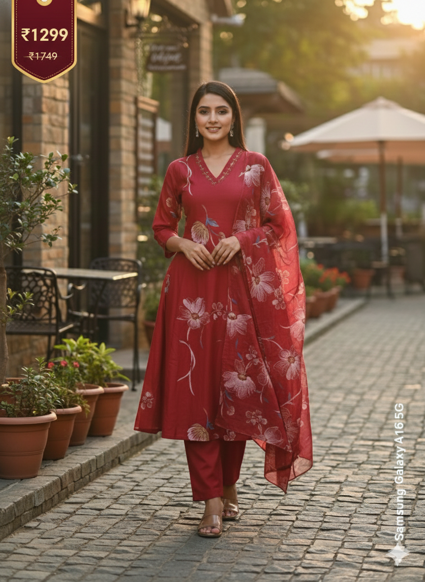 Maroon Floral Embroidered 3 Piece Kurta Set - Elegant Office to Party Wear | Comfortable Daily Wear Suit for Women
