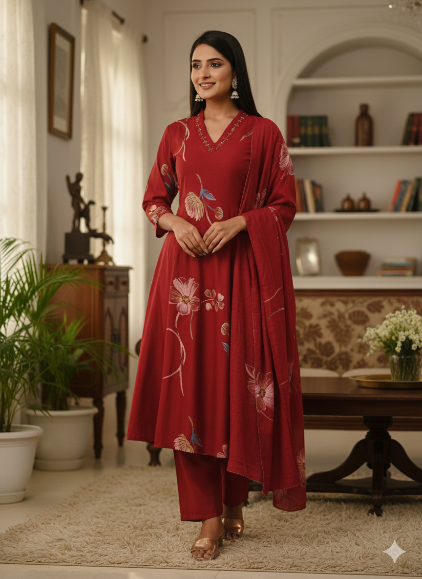 Maroon Floral Embroidered 3 Piece Kurta Set - Elegant Office to Party Wear | Comfortable Daily Wear Suit for Women